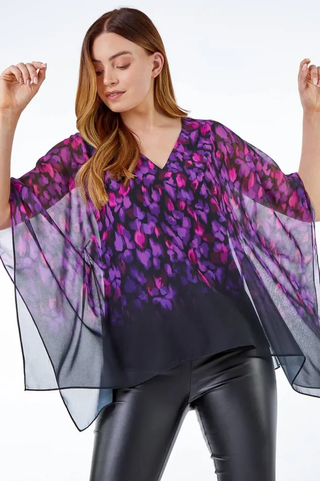 Purple Abstract Chiffon Overlay Top Women Roman Tops