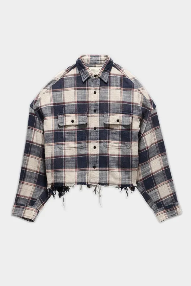 R13 Tops Women Cropped Work Shirt 8211 Ecru Plaid