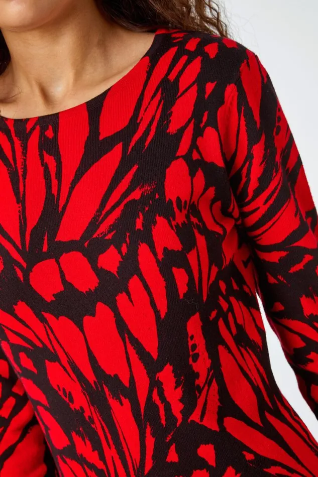 Red Butterfly Print Knitted Stretch Dress Women Roman Dresses