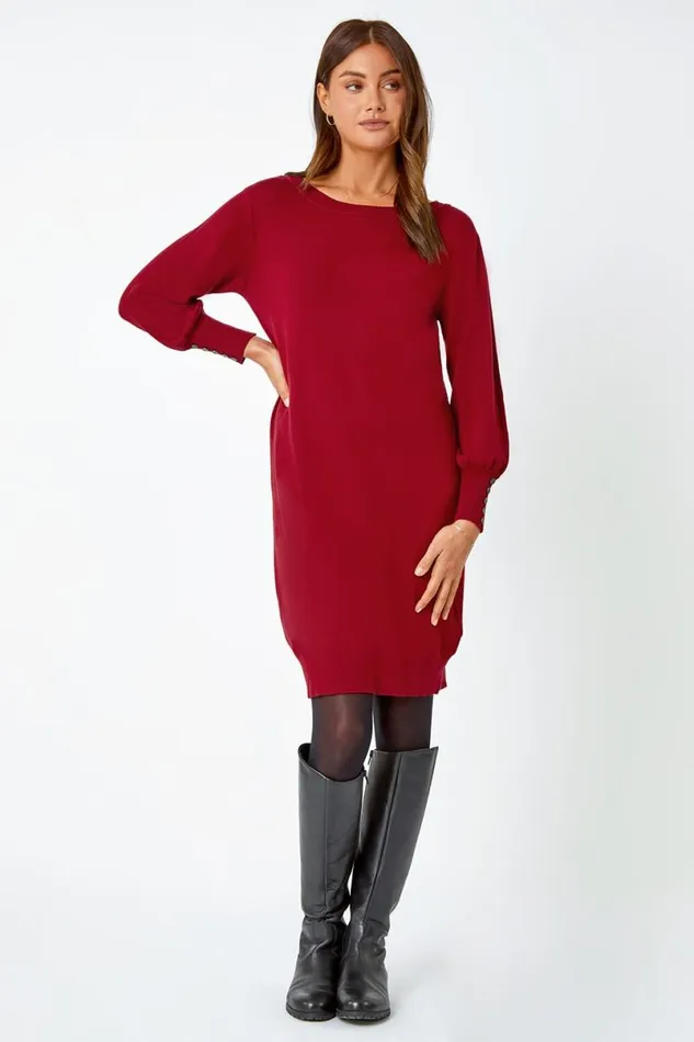 Red Button Detail Knitted Jumper Dress Women Roman Dresses