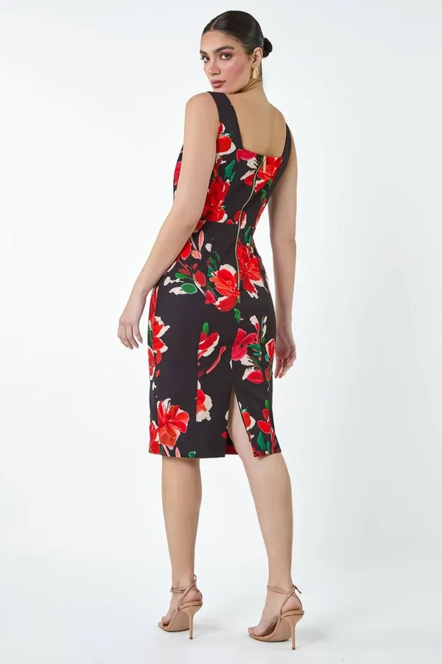 Red Floral Corset Detail Stretch Dress Women Roman Dresses