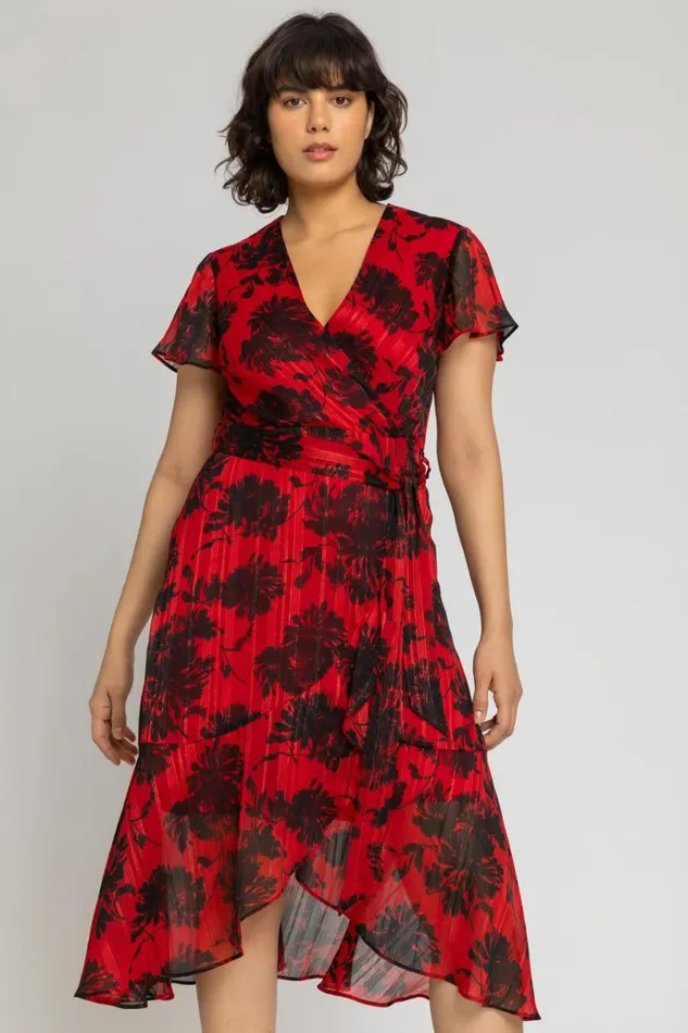 Red Floral Print Chiffon Wrap Midi Dress Women Roman Dresses
