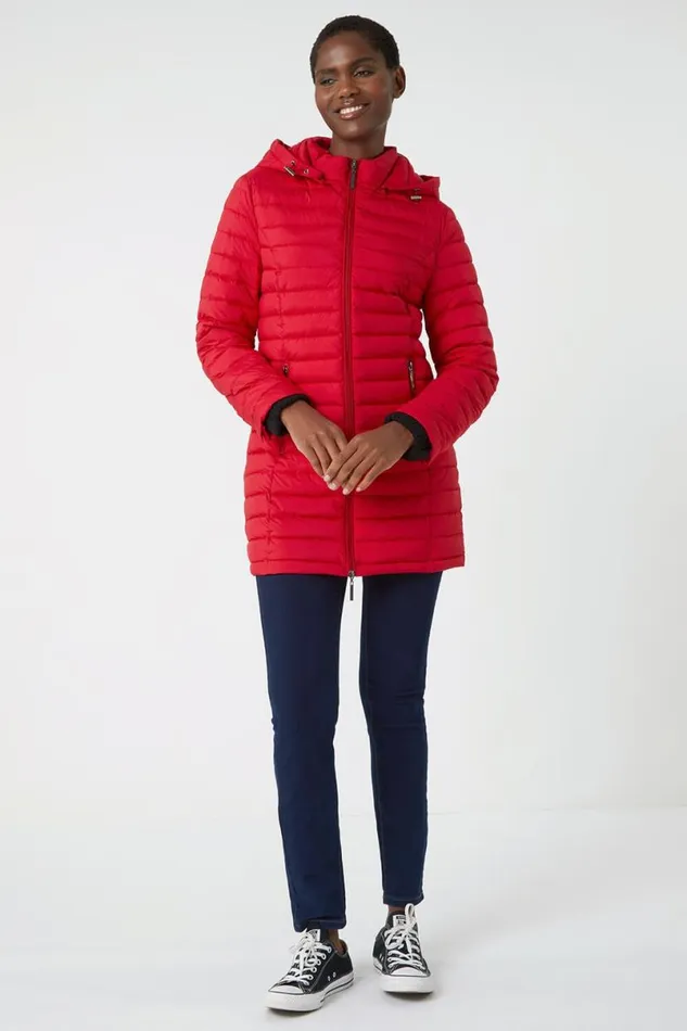 Red Longline Hooded Padded Coat Women Roman Coats