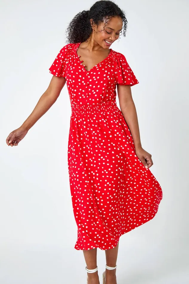 Red Petite Polka Dot Button Stretch Midi Dress Women Roman Dresses