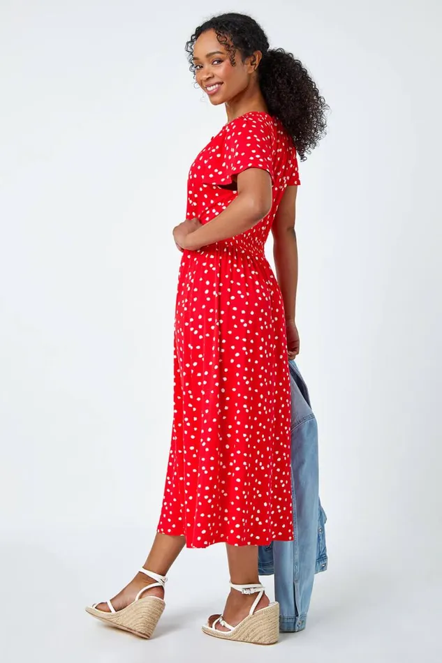 Red Petite Polka Dot Button Stretch Midi Dress Women Roman Dresses