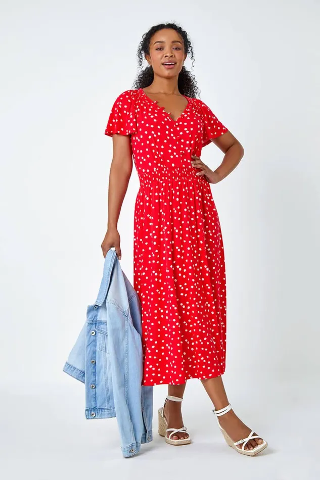 Red Petite Polka Dot Button Stretch Midi Dress Women Roman Dresses