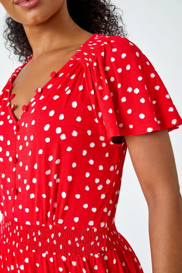Red Petite Polka Dot Button Stretch Midi Dress Women Roman Dresses