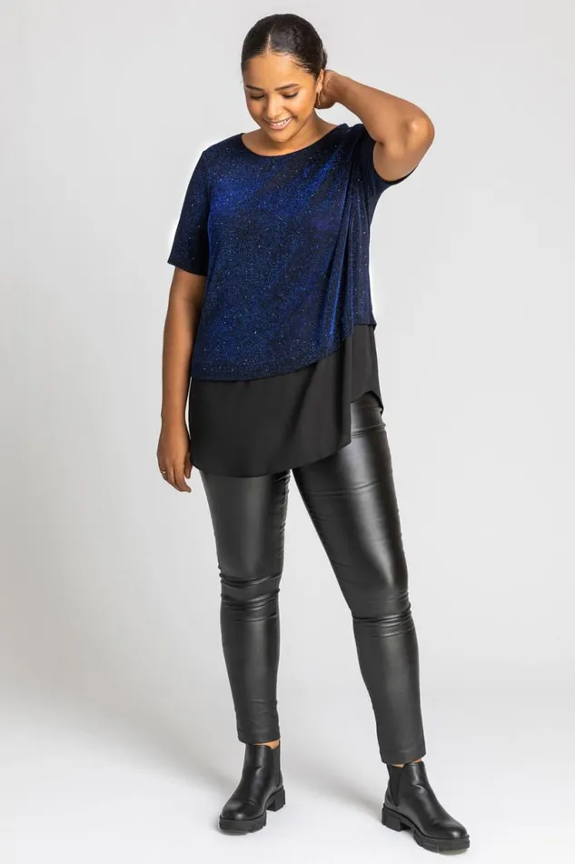 Royal Blue Curve Sparkle Overlay Tunic Top Women Roman Tops