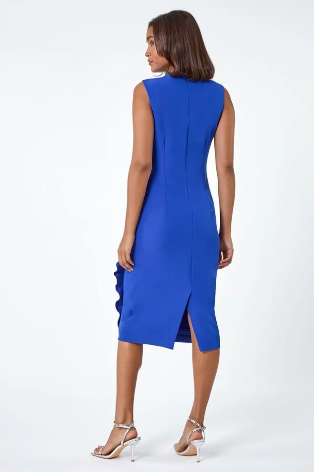 Royal Blue Wrap Draped Crepe Stretch Dress Women Roman Dresses