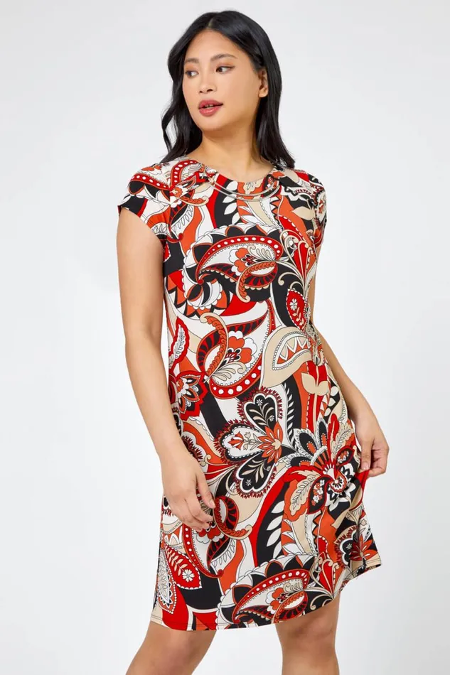 Rust Petite Paisley Print Necklace Shift Dress Women Roman Dresses
