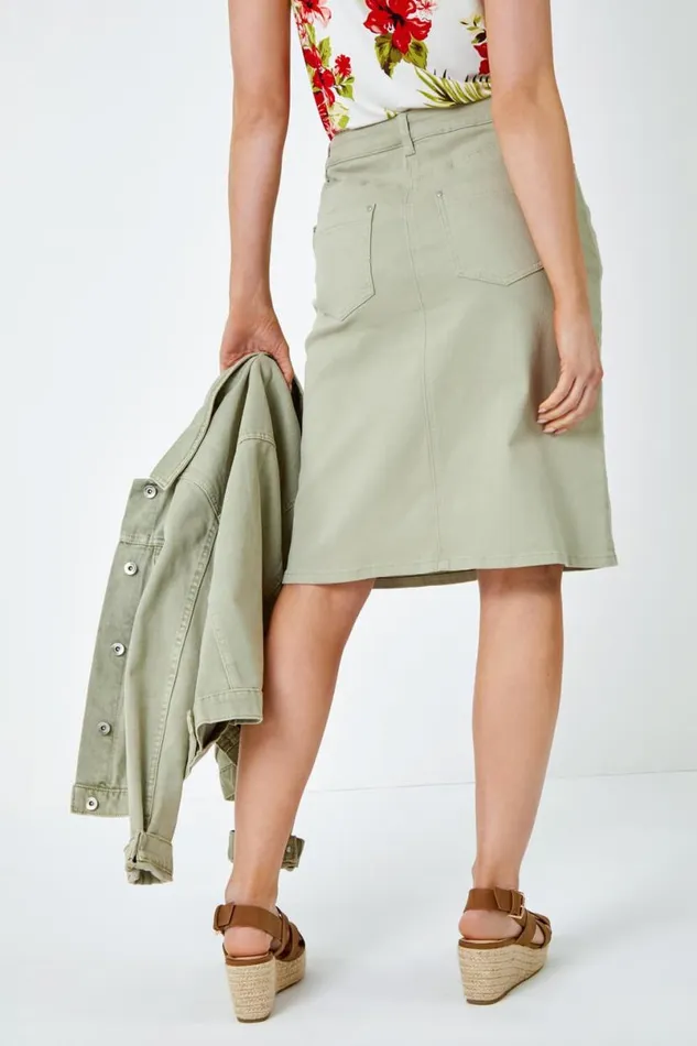 Sage Cotton Denim Stretch A Line Skirt Women Roman Skirts
