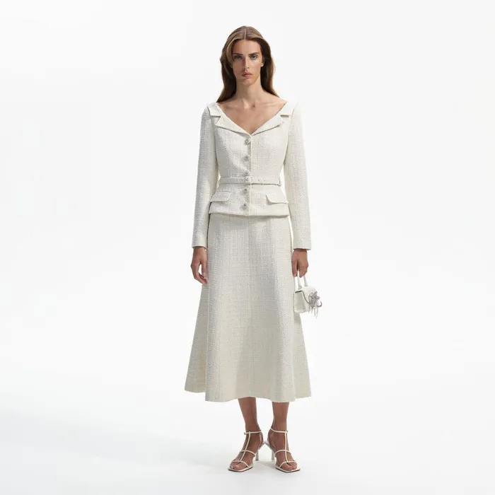 Self Portrait Dresses Cream Boucle Tailored Off Shoulder Midi Dress 8211 Women