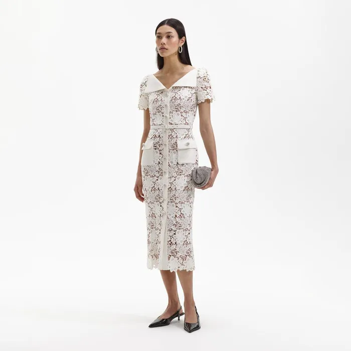Self Portrait Dresses White Lace Open Neck Midi Dress 8211 Women