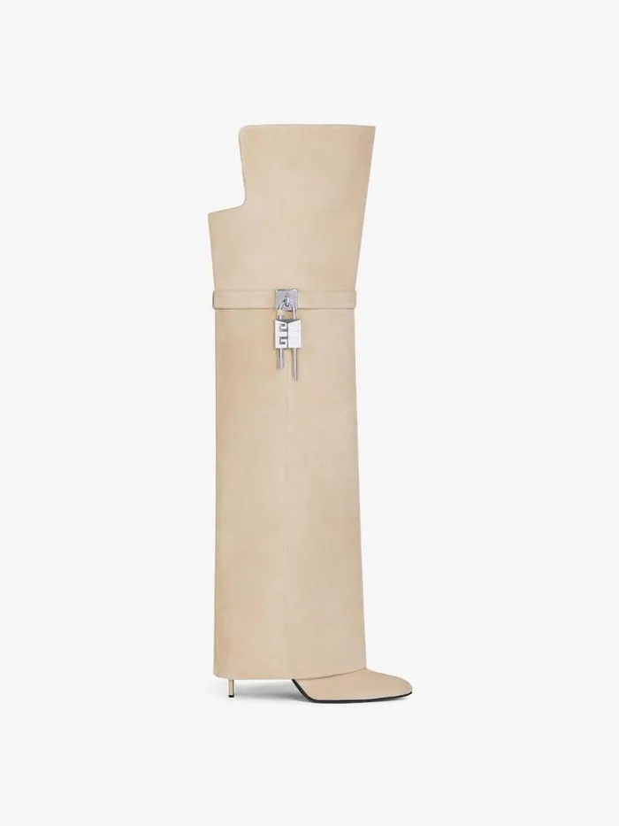 Shark Lock Stiletto OverTheKnee Boots In Suede Beige Women Givenchy Shark Lock