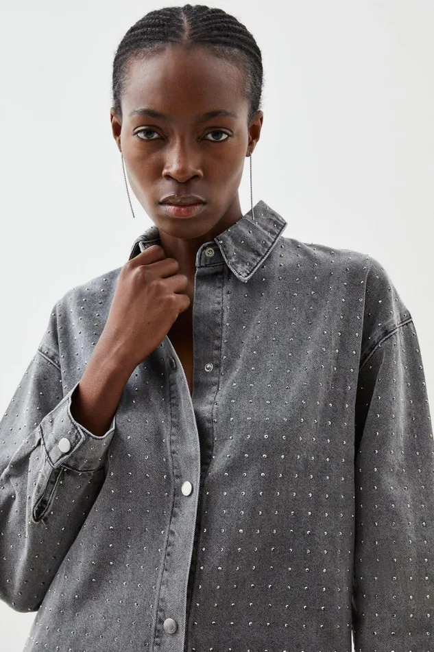 Shirts Women Karen Millen Embellished Denim Shirt Grey