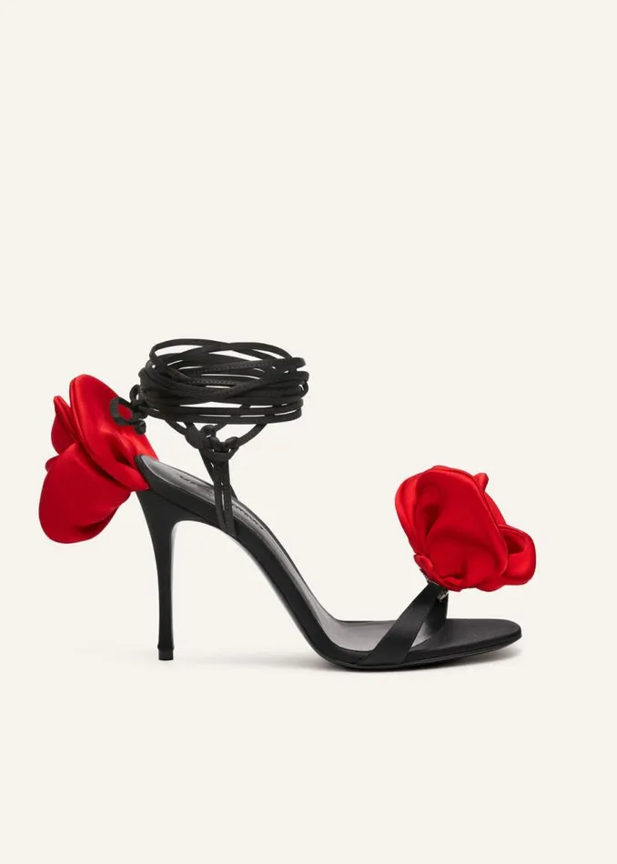 Shop Magda Butrym Shoes Double Red Flower Heel Sandals In Black Satin