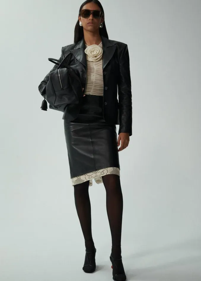 Shop Magda Butrym Skirts Leather Lace Hem Midi Skirt In Black Shop Magda Butrym Skirts Leather Lace Hem Midi Skirt In Black