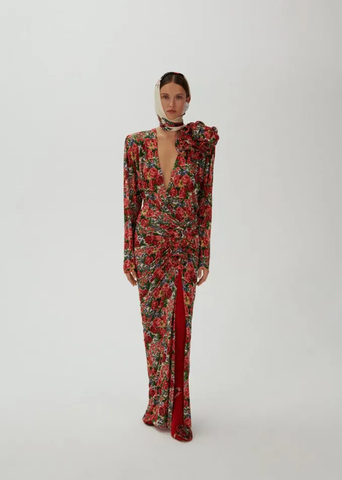 Shop Magda Butrym Tops Classic Jersey Shirred Flower Blouse In Red Floral Print Shop Magda Butrym Tops Classic Jersey Shirred Flower Blouse In Red Floral Print