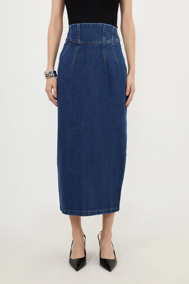 Skirts Women Karen Millen Corset Waist Denim Midi Skirt Mid Blue
