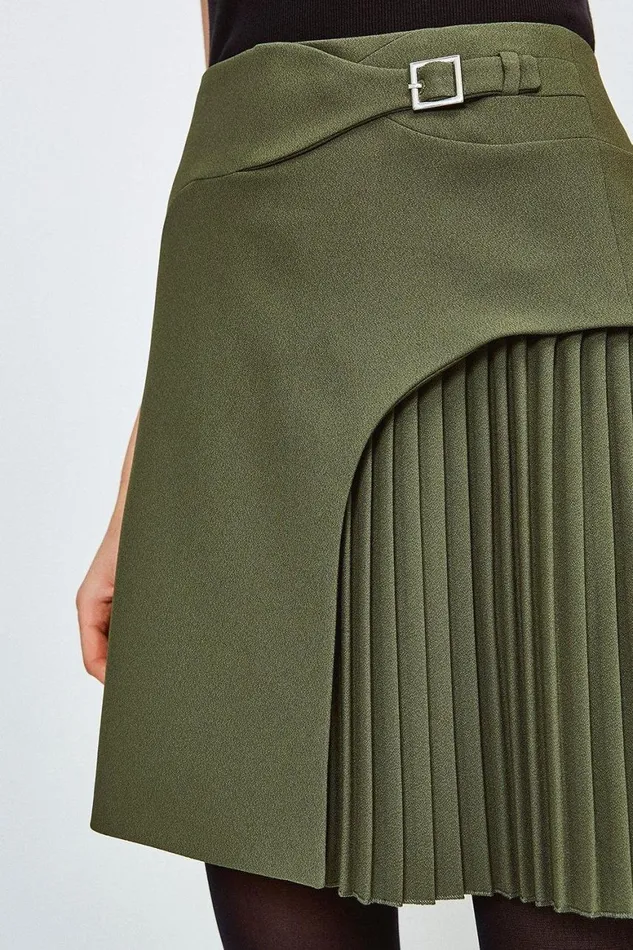 Skirts Women Karen Millen Tailored Buckle Detail Pleated Mini Skirt Khaki