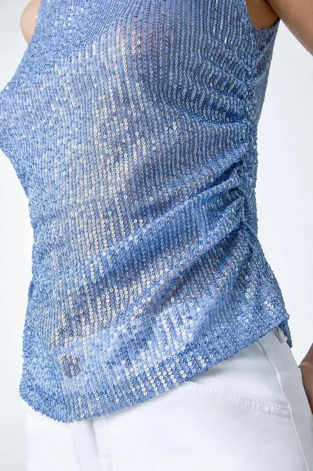 Steel Blue Sequin Embellished Stretch Vest Top Women Roman Tops