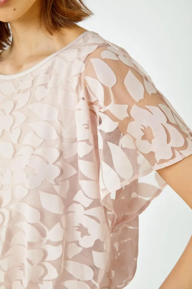 Stone Textured Floral Blouson Stretch Top Women Roman Tops