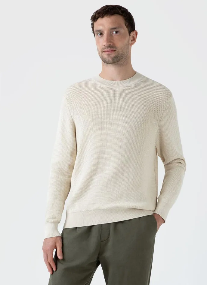 SUNSPEL Knitwear Waffle Stitch Crew Neck Jumper Ecru 8211 Men