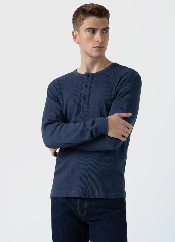 SUNSPEL Tshirts Long Sleeve Waffle Henley Slate Blue 8211 Men