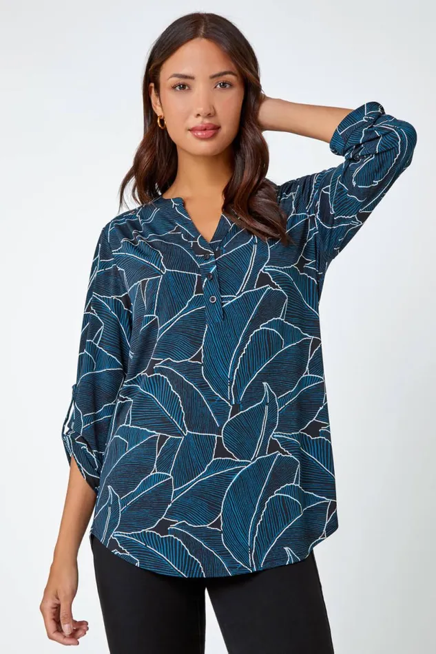 Teal Textured Leaf Print Stretch Shirt Women Roman Tops
