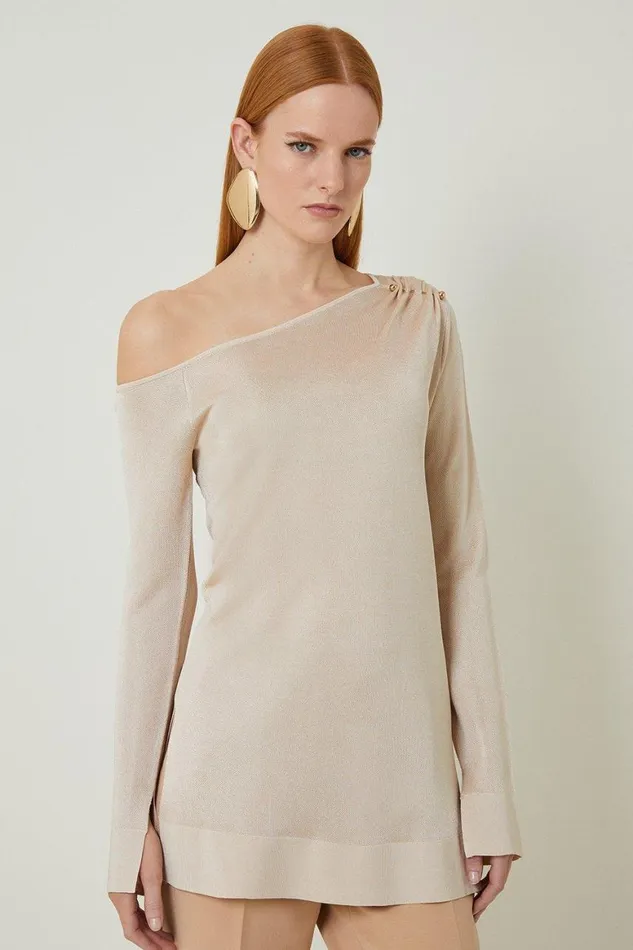 Tops Women Karen Millen Slinky Viscose Blend Knit Off The Shoulder Trimmed Tunic Neutral Tops Women Karen Millen Slinky Viscose Blend Knit Off The Shoulder Trimmed Tunic Neutral