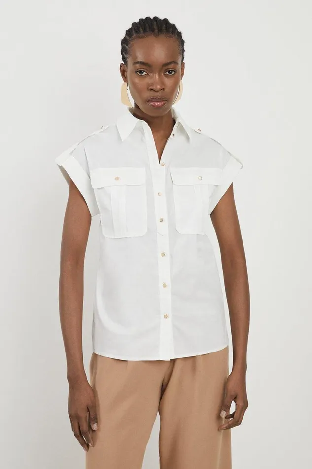 Tops Women Karen Millen Utility Poplin Button Detail Woven Shirt White