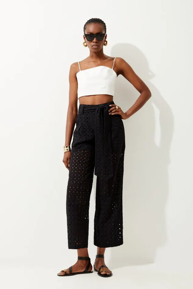 Trousers Women Karen Millen Belted Broderie Woven Trousers Black