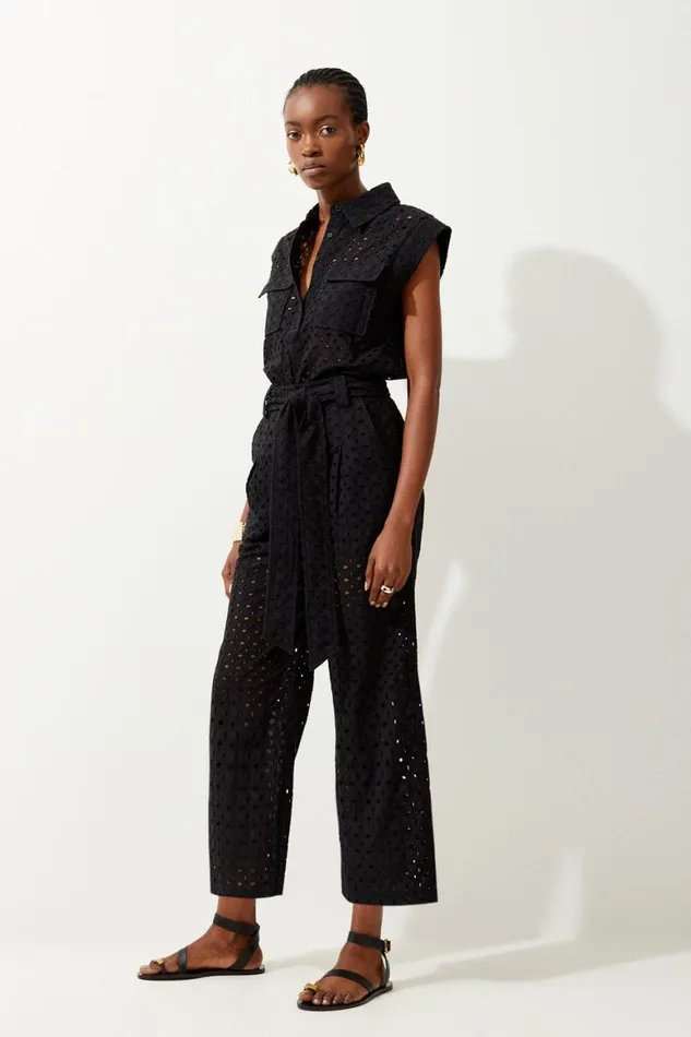 Trousers Women Karen Millen Belted Broderie Woven Trousers Black