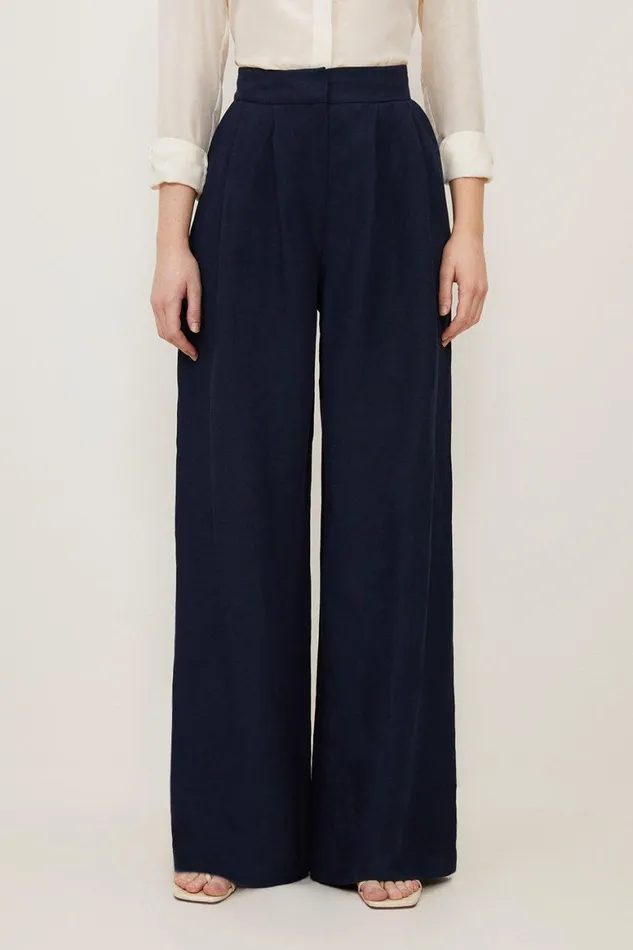 Trousers Women Karen Millen Premium Tailored Linen Pleated Wide Leg Trouser Navy