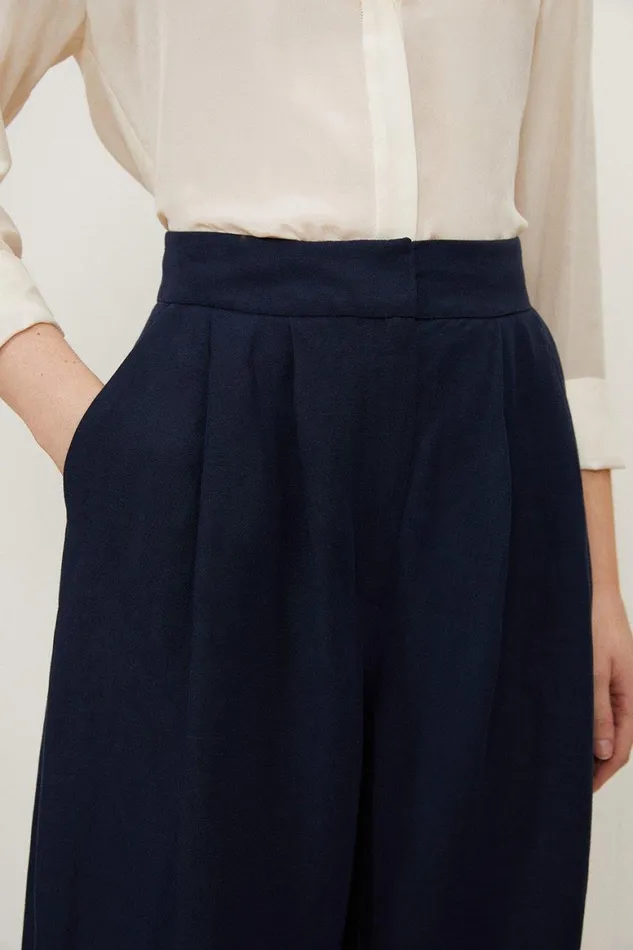 Trousers Women Karen Millen Premium Tailored Linen Pleated Wide Leg Trouser Navy