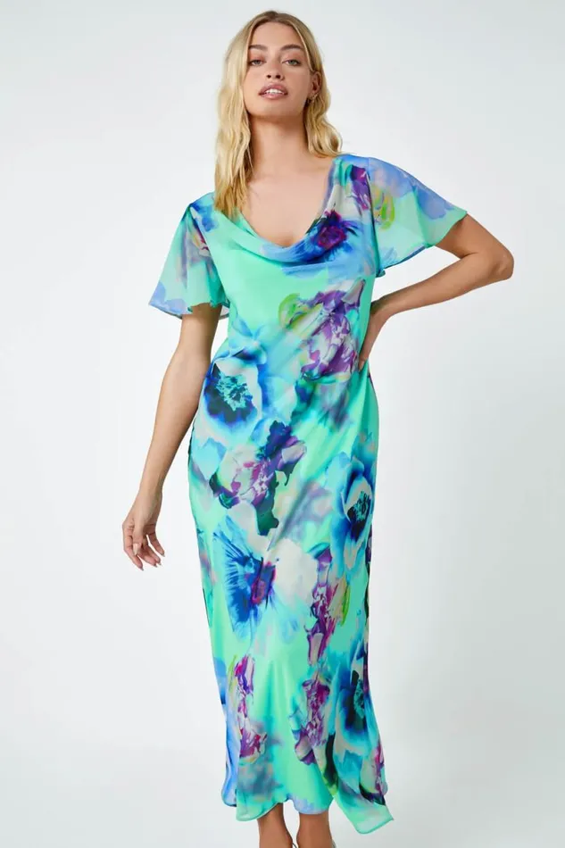 Turquoise Floral Print Cowl Neck Dress Women Roman Dresses