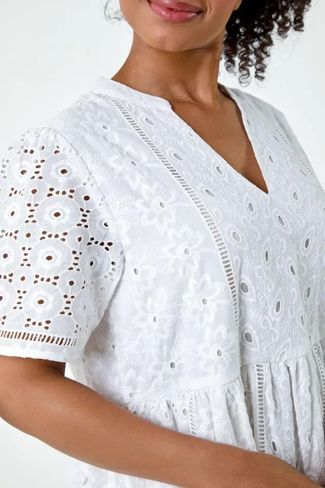 White Petite Cotton Broderie Frill Hem Dress Women Roman Dresses