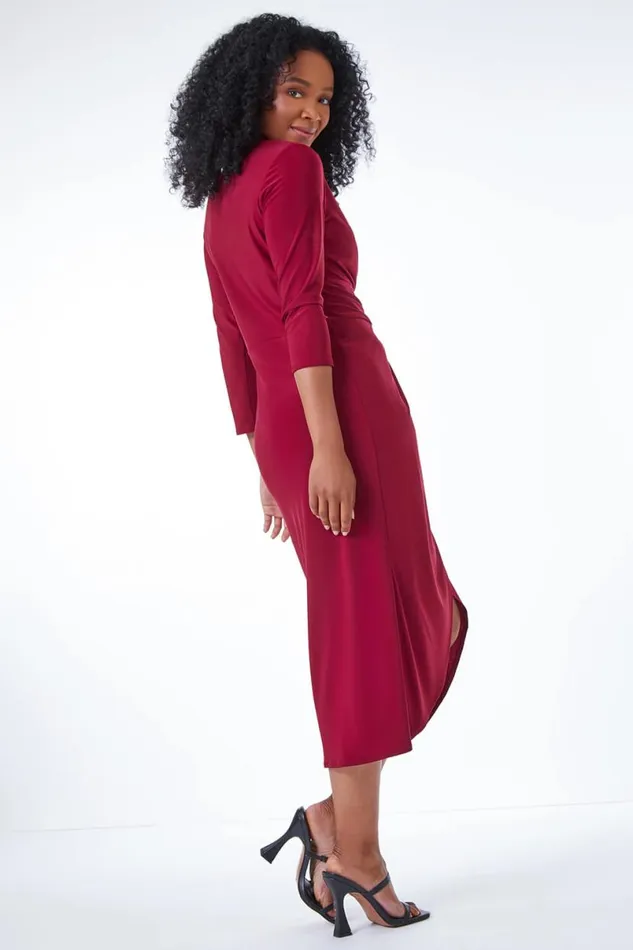Wine Petite Ruched Side Wrap Stretch Midi Dress Women Roman Dresses