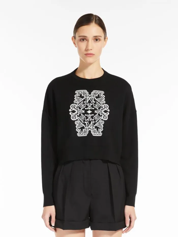 Woman Cropped Jumper In Jacquard Wool Black White Maxmara Knitwear And Sweatshirts Woman Cropped Jumper In Jacquard Wool Black White Maxmara Knitwear And Sweatshirts