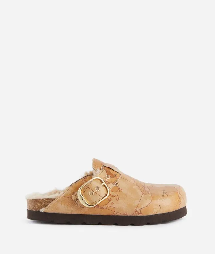 Woman Flat Shoes Alviero Martini FleeceLined Faux Napa Leather Clogs With Geo Classic Print