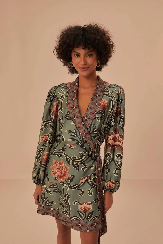 Women Arabesque Floral Green Long Sleeve Mini Dress Arabesque Floral Green FARM Rio Mini Dresses