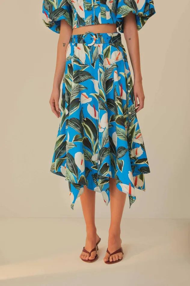 Women Blue Anthurium Garden Asymmetric Midi Skirt Anthurium Garden Blue FARM Rio Skirts