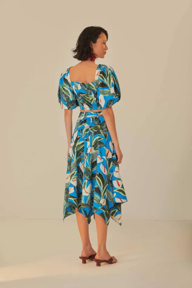 Women Blue Anthurium Garden Asymmetric Midi Skirt Anthurium Garden Blue FARM Rio Skirts