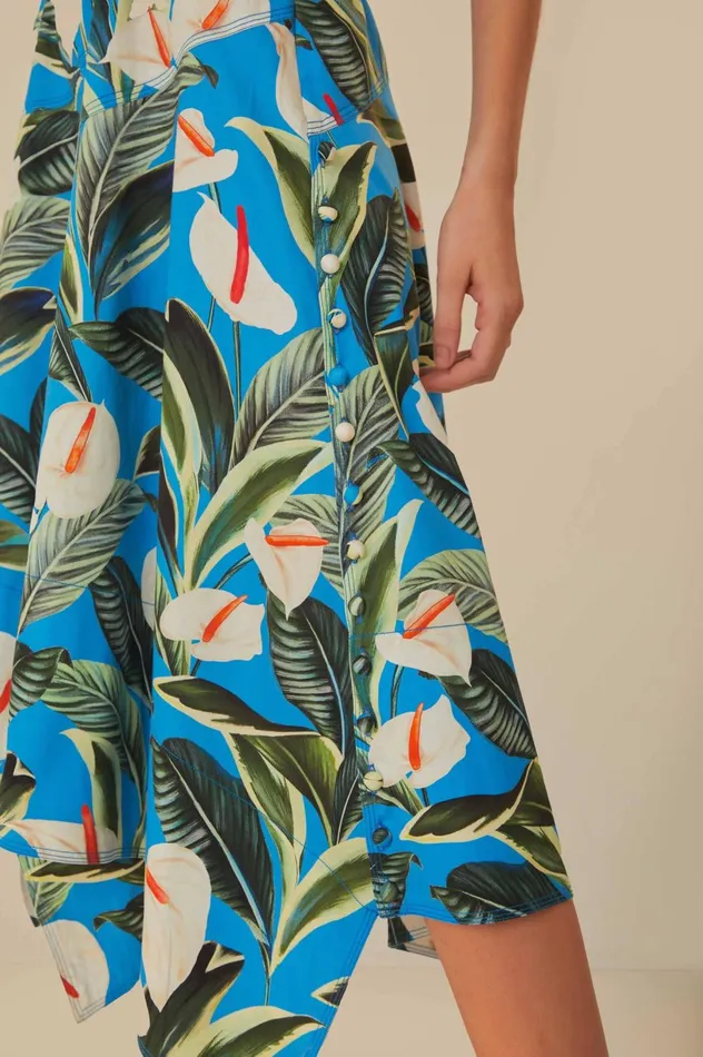 Women Blue Anthurium Garden Asymmetric Midi Skirt Anthurium Garden Blue FARM Rio Skirts