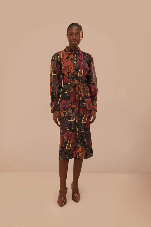Women Brown Elephants Long Sleeve Midi Dress Elephants Brown FARM Rio Midi Dresses