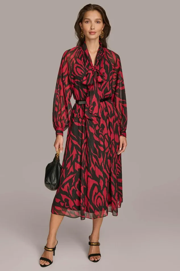 Women Dresses And Jumpsuits Donna Karan CHIFFON SHIRT DRESS MIDI WITH BELT Redblack Multi
