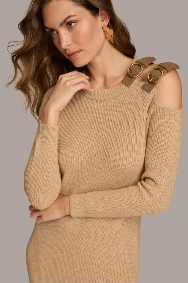 Women Dresses And Jumpsuits Donna Karan ONE SIDED COLD SHOULDER MIDI DRESS Camel Heather