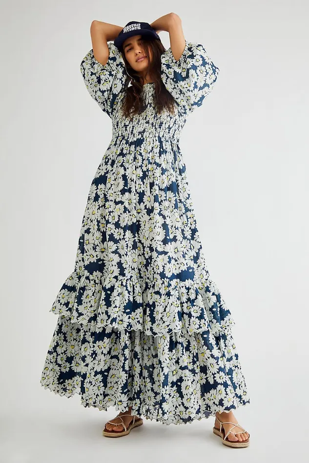 Women Dresses Free People Viscose Dobby Maxi Dress Blue Daisy