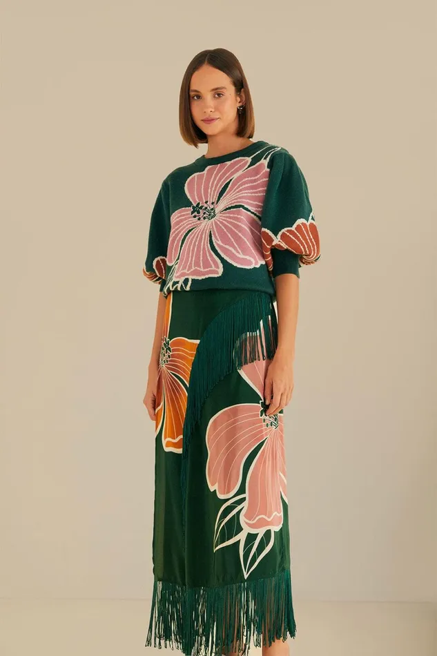 Women Green Honolulu Flowers Fringe Maxi Skirt Honolulu Flowers Green FARM Rio Skirts