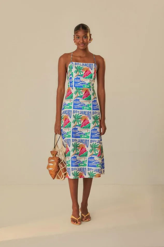 Women OffWhite Carioca Posters Midi Dress Carioca Posters Offwhite FARM Rio Midi Dresses
